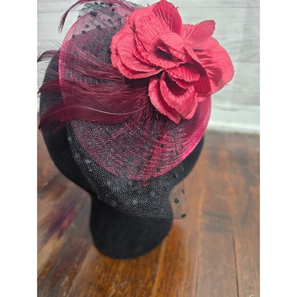 Vintage Red Flower Feather Fascinator Headband Hat Cocktail Cap - Picture 2 of 11